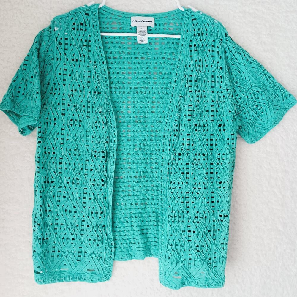 Sweater Cardigan Open Teal Basketweave Alfred Dunner Short Sleeve Cruise Size L